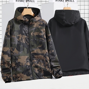 正反面两穿潮流夹克男双面穿迷彩上衣褂子两面穿春秋连帽男士外套