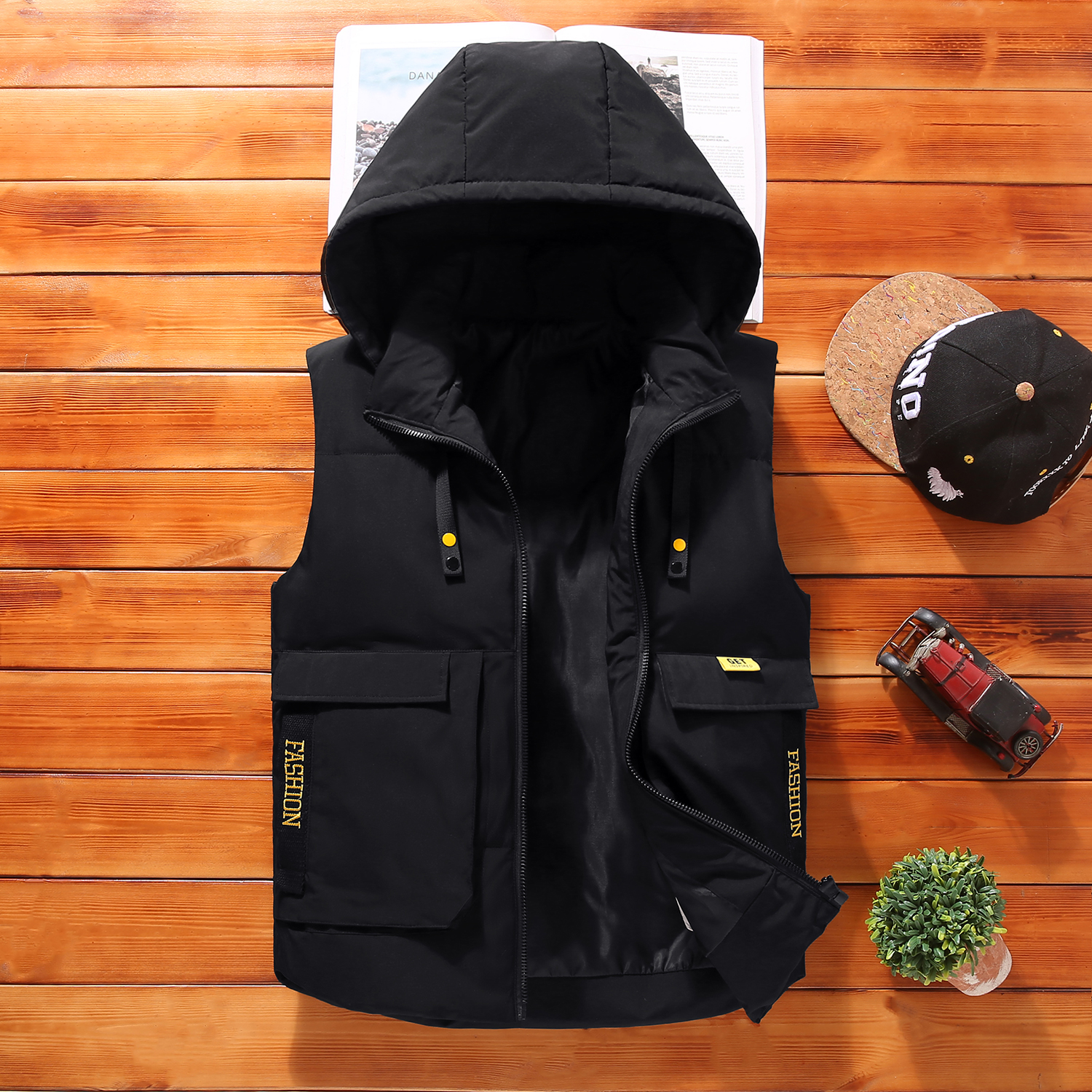 秋冬季韩版可拆帽男士棉马甲背心