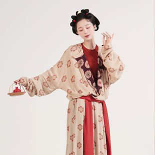 谜阿凰 唐制汉服复原女大放量宽松复古原创印花日常 花临圆领袍