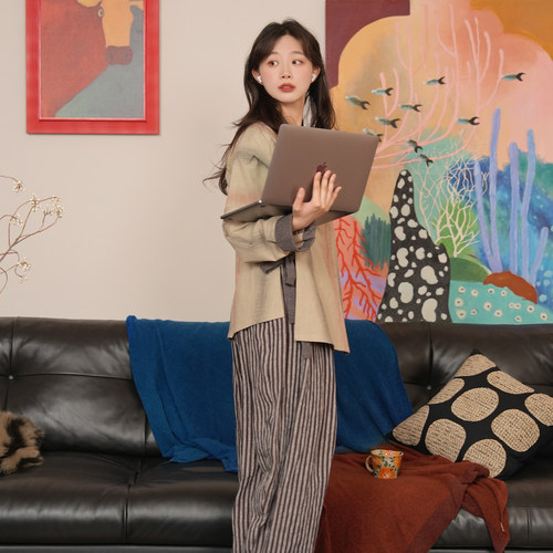 谜阿凰洵境亚麻条纹慵懒风长裤