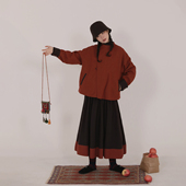 谜阿凰 新年战袍女 素汉服红色拜年款 乌木红棕双面穿圆领袄 汉元