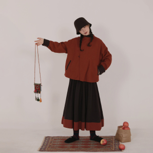 素汉服红色拜年款 汉元 新年战袍女 乌木红棕双面穿圆领袄 谜阿凰