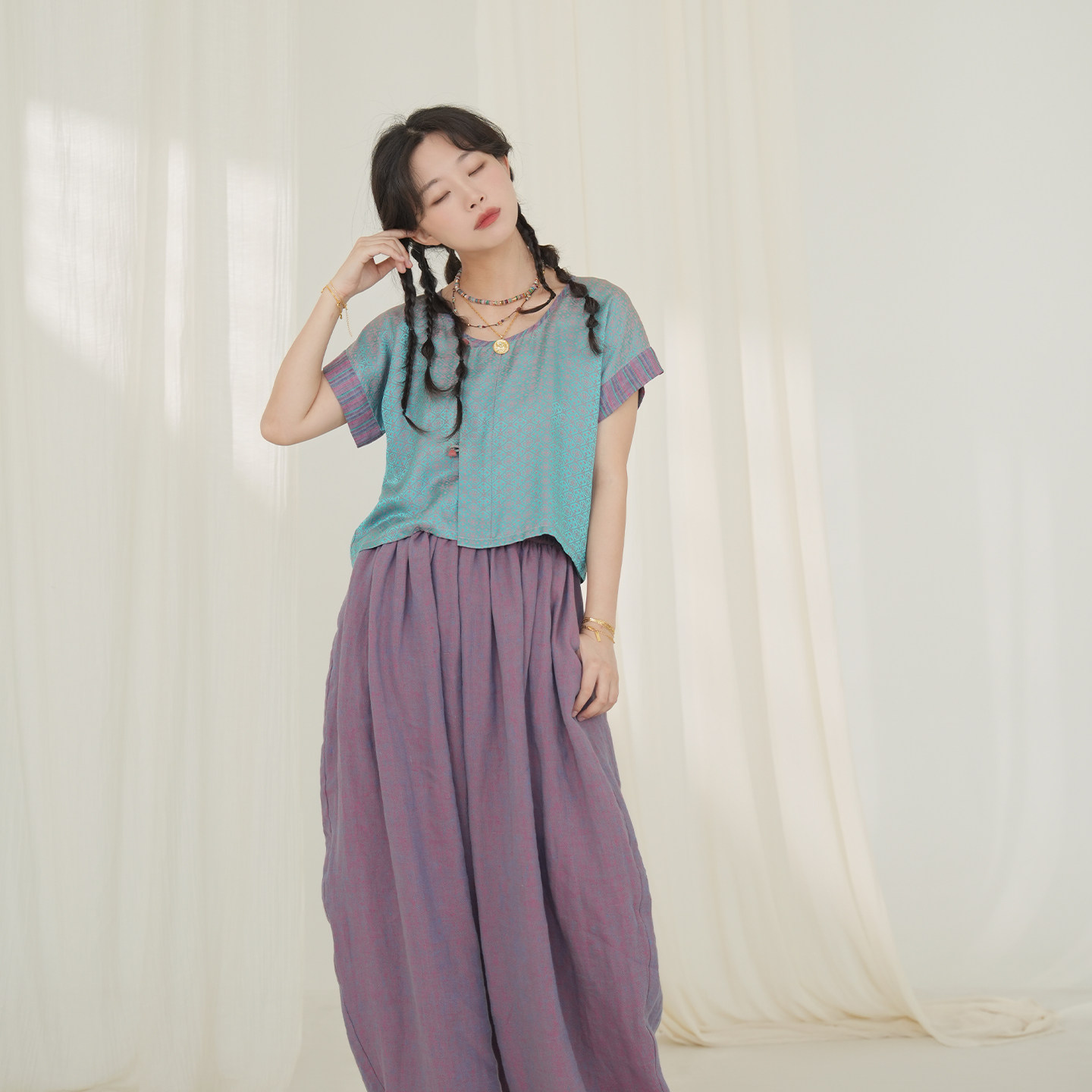 谜阿凰【云梦晓背子】汉元素圆领短袖上衣汉服春夏季桑蚕丝女新款