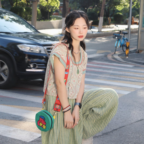 谜阿凰汉元素色织亚麻条纹显瘦