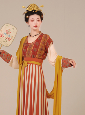 谜阿凰【彩条花朵纹背子】复原唐制汉服上衣女原创半臂凉爽春夏款