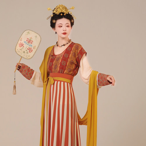 谜阿凰【彩条花朵纹背子】复原唐制汉服上衣女原创半臂凉爽春夏款