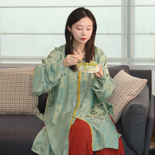 春夏女宽松日常原创汉服 明制复原新中式 谜阿凰 绿提花缎无领衫