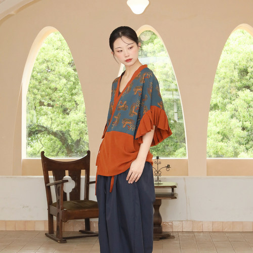 谜阿凰藏蓝假两件气球阔腿裤汉服