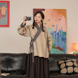 谜阿凰【青侠大襟衫】明制棉麻亚麻汉服交领上衣条纹日常通勤春女