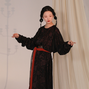 复原汉服连衣裙长袍春秋男女同款 谜阿凰 深紫色提花唐制圆领袍