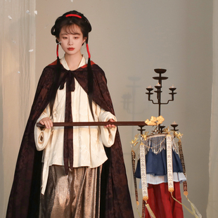 谜阿凰 原创汉服披风秋冬男女中国风披肩 深紫提花带帽斗篷长款