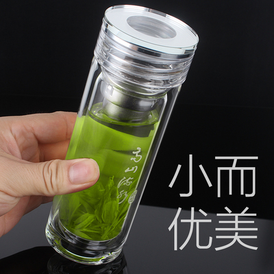 卧龙小双层玻璃杯便携迷你女士男生泡茶杯子高山流水小号水杯子