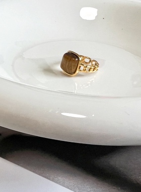 ins欧美风美拉德复古天然虎眼石k金开口戒指女轻奢小众高级设计感