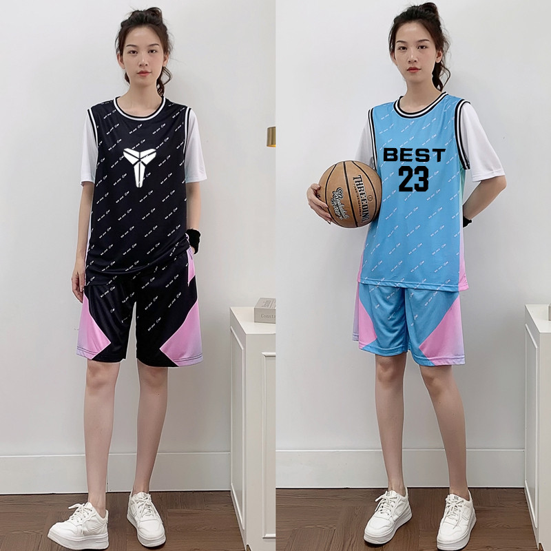 篮球服女假两件宽松套装学生运动比赛速干短袖队服班服定制篮球衣