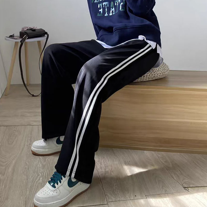条纹两道杠加绒学生裤子女男2026新款校裤高腰显瘦薄款直筒运动裤