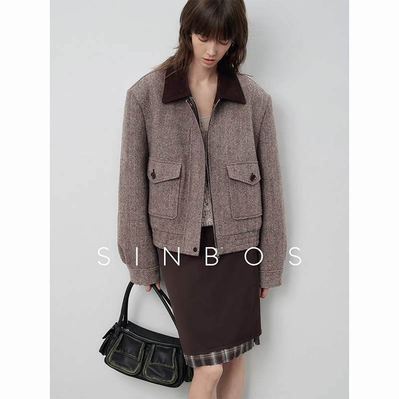 【天天yoko&SINBOS】慕尼时差 99%羊毛人字纹粗花呢子外套女夹克