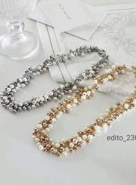 韩国东大门edito个性时尚夸张金属圆球编织珍珠流苏项链锁骨链