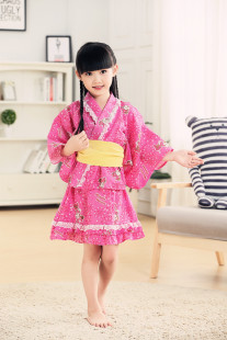 出口日本原 纯棉棉布女童分体式和服浴衣振袖上衣短裙二件套3-2