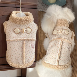 高档韩国宠物服饰冬季皮草外套棉袄加绒牵引环马甲狗狗过年新衣服