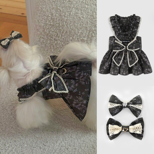 全棉宠物狗衣服小型犬法式连衣裙活性印染环保蝴蝶结带钻礼服牵引