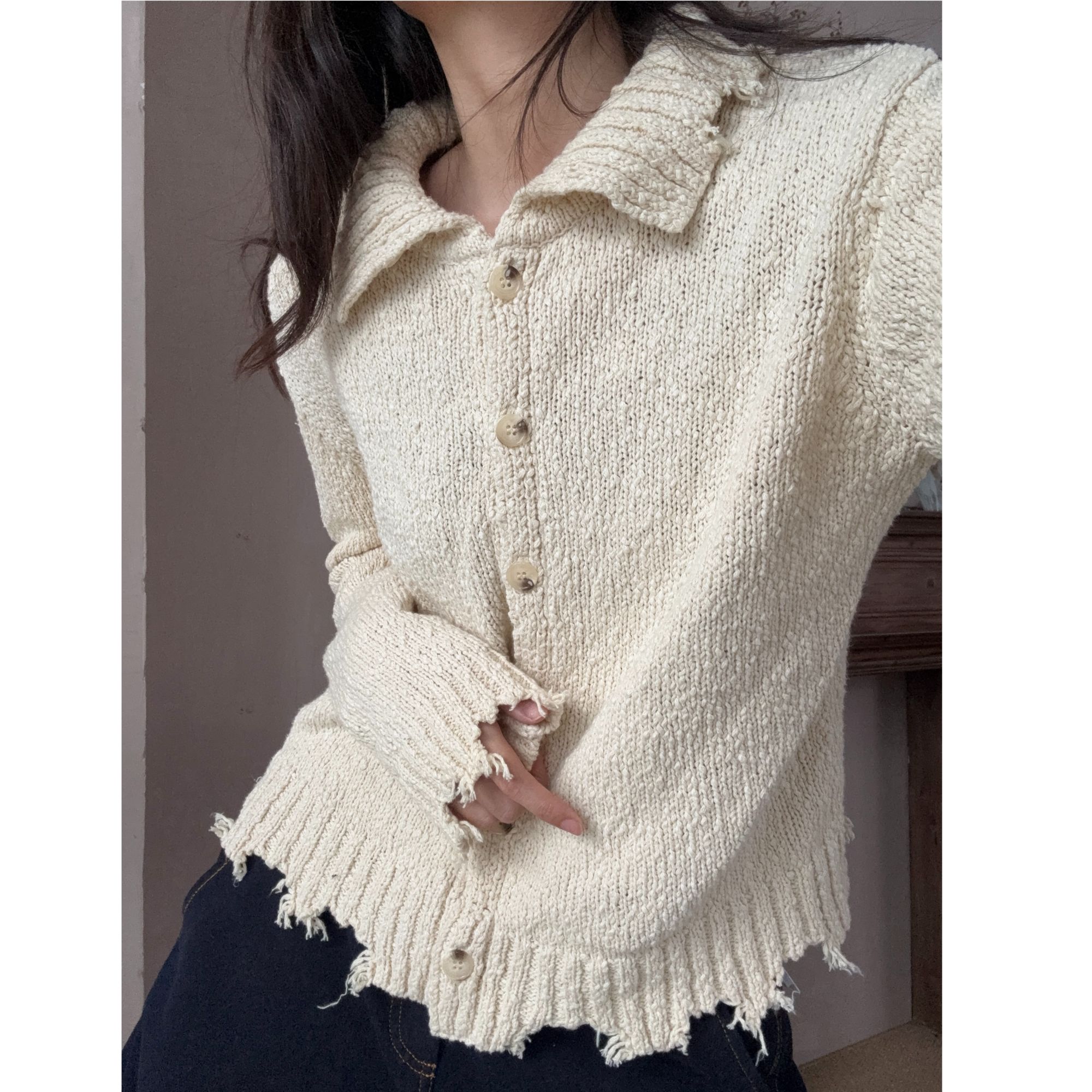【流浪诗人】破洞豆豆棉纱纯棉毛衣1324