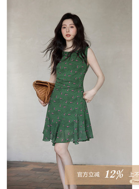 夕蒙法式小众不撞款裙子女夏季绿色掐腰碎花褶皱背心无袖连衣裙