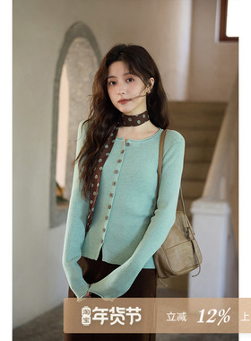 夕蒙2025新款秋韩系气质别致上衣高级小个子修身绝美圆领针织衫女