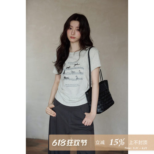 夕蒙2026新款夏季韩系好看上衣短款修身显瘦圆领印花掐腰短袖t恤