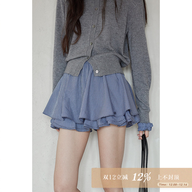 夕蒙2025新款早秋韩系设计感裙子小众蓬蓬裙高级拼接格子半身裙女