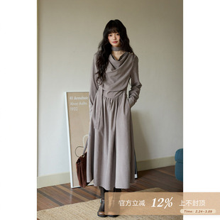 夕蒙2025新款秋冬韩系气质裙子宽松设计感小个子灰色飘带连衣裙女
