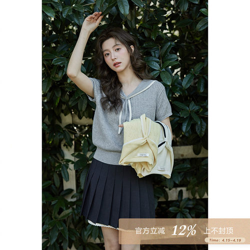 夕蒙2026新款夏韩系独特漂亮上衣别致设计感小众海军领短袖针织衫