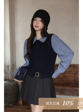 夕蒙2025新款秋季韩系气质上衣高级时尚洋气小众假两件藏蓝针织衫