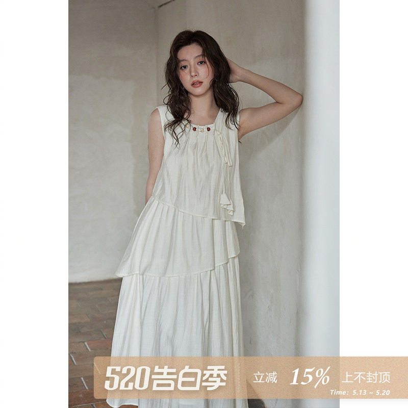 夕蒙2026新款夏气质裙子法式小个子无袖设计感小众不规则连衣裙女