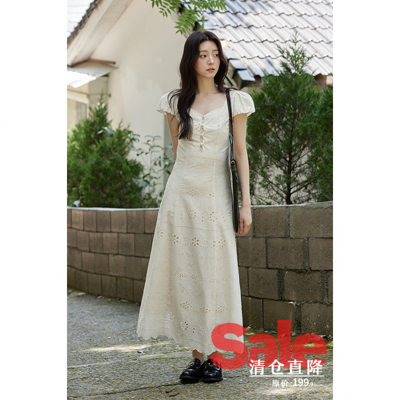 【清仓秒杀】夏韩系气质裙子收腰显瘦小众设计感杏色镂空连衣裙女