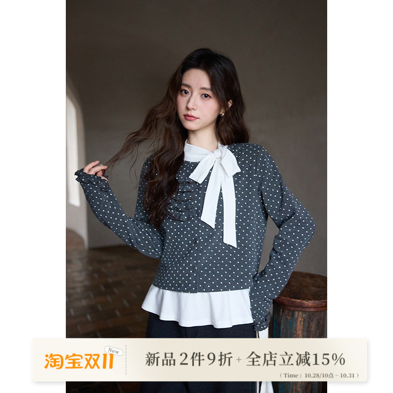 新品2件9折/秋冬韩系气质上衣开衫设计感拼接深灰波点长袖t恤女