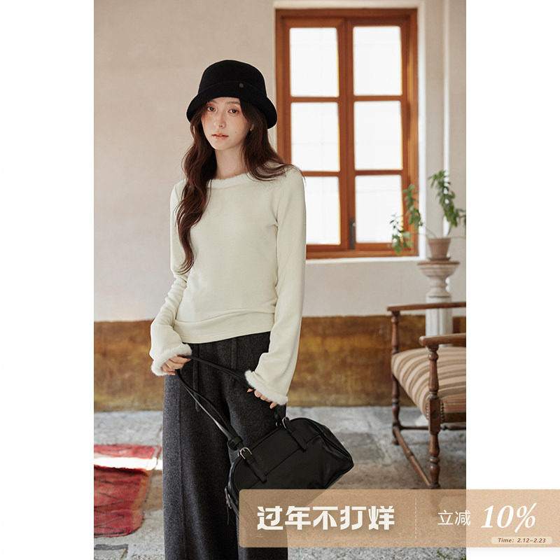 夕蒙2025新款冬季韩系气质可外穿毛边打底衫上衣设计感长袖t恤女