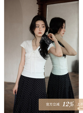 夕蒙2026新款春夏韩系好看漂亮小上衣蝴蝶结小飞袖白色短袖t恤女