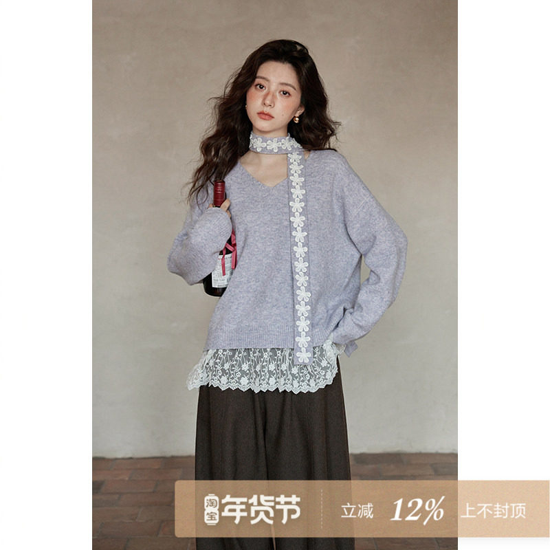 夕蒙2026新款冬季韩系慵懒风高级感独特小个子飘带紫色v领毛衣女