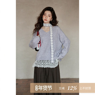 夕蒙2026新款冬季韩系慵懒风高级感独特小个子飘带紫色v领毛衣女