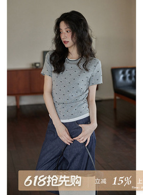 夕蒙2026新款夏季小个子短袖内搭纯棉气质内搭灰色正肩t恤上衣女
