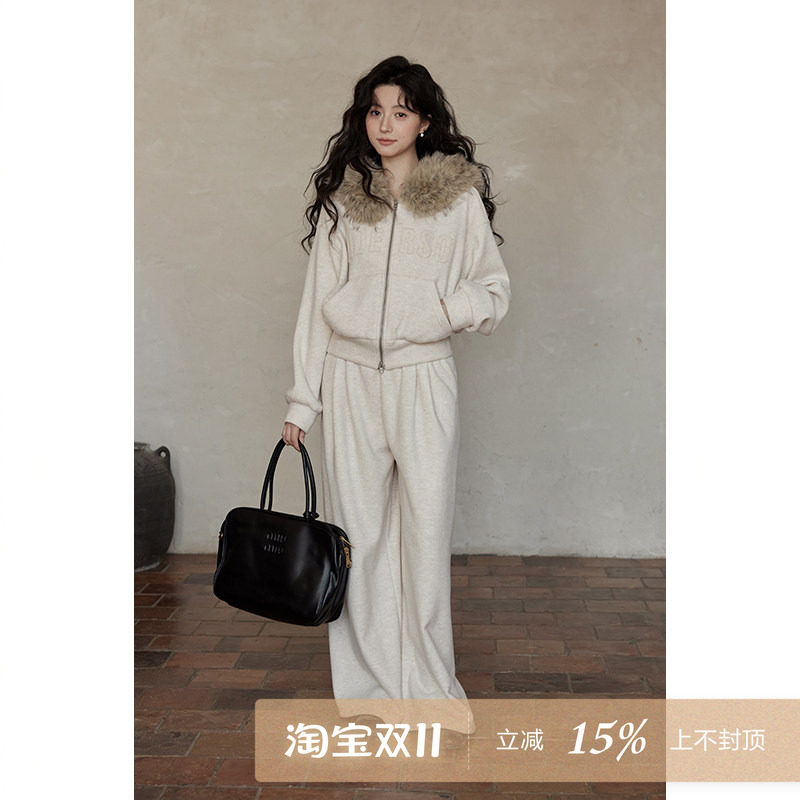 夕蒙2026新款秋冬韩系休闲套装短款拉链毛领加绒卫衣休闲阔腿裤女