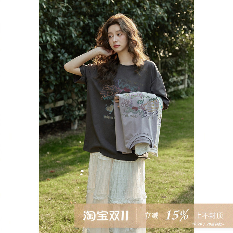 夕蒙2026新款夏韩系宽松慵懒风高级感上衣别致绝美小众短袖t恤女