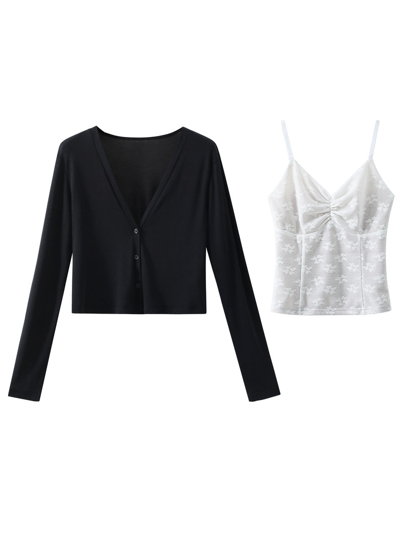 Black long-sleeve cardigan and white lace camisole on a white background
