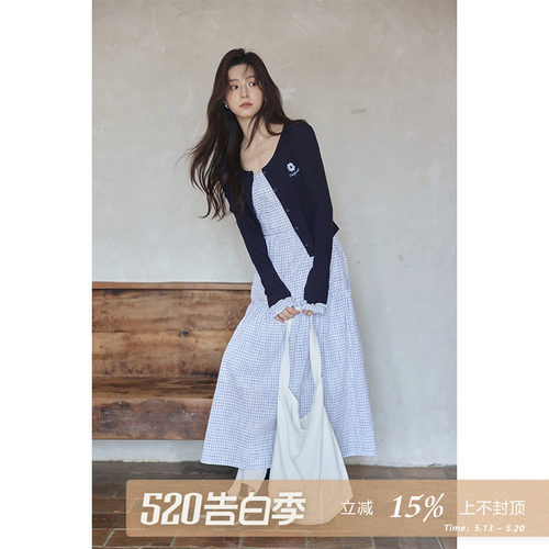 夕蒙2026新款春秋韩系气质小个子小众高级感藏蓝开衫吊带裙两件套