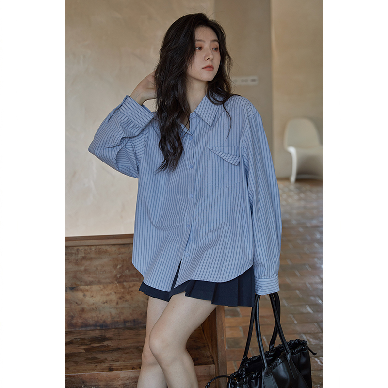 长袖衬衫设计感小众竖条纹宽松