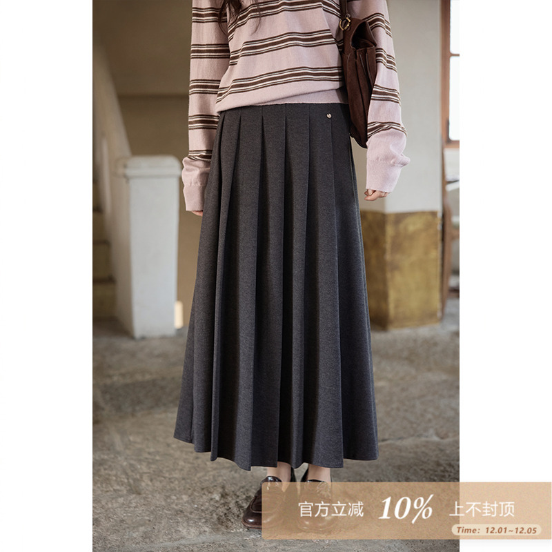 夕蒙2025新款秋韩系气质裙子高腰小个子小众高腰深灰百褶半身裙女