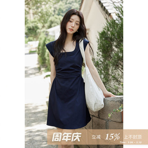 夕蒙2026新款夏韩系减龄气质裙子小个子高级小众藏蓝u领连衣裙女