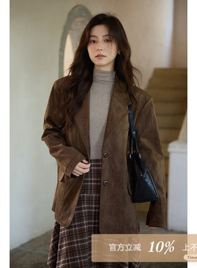 夕蒙2025新款秋韩系气质上衣独特别致高级洋气流行咖色麂皮绒外套