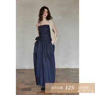 夕蒙2026新款 夏设计感气质裙子韩系独特漂亮小个子藏蓝吊带连衣裙