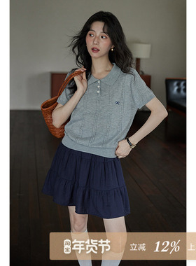 夕蒙2025新款夏季灰色薄款学院风气质短袖内搭小个子针织衫上衣